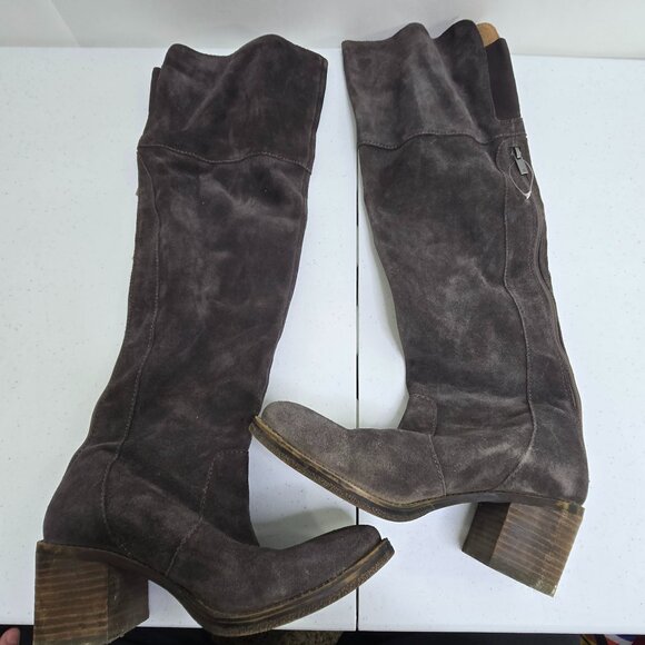 Lucky Brand Rayla Boots 7.5 M Block Heel Suede Leather Gray Knee High Riding - Picture 1 of 8